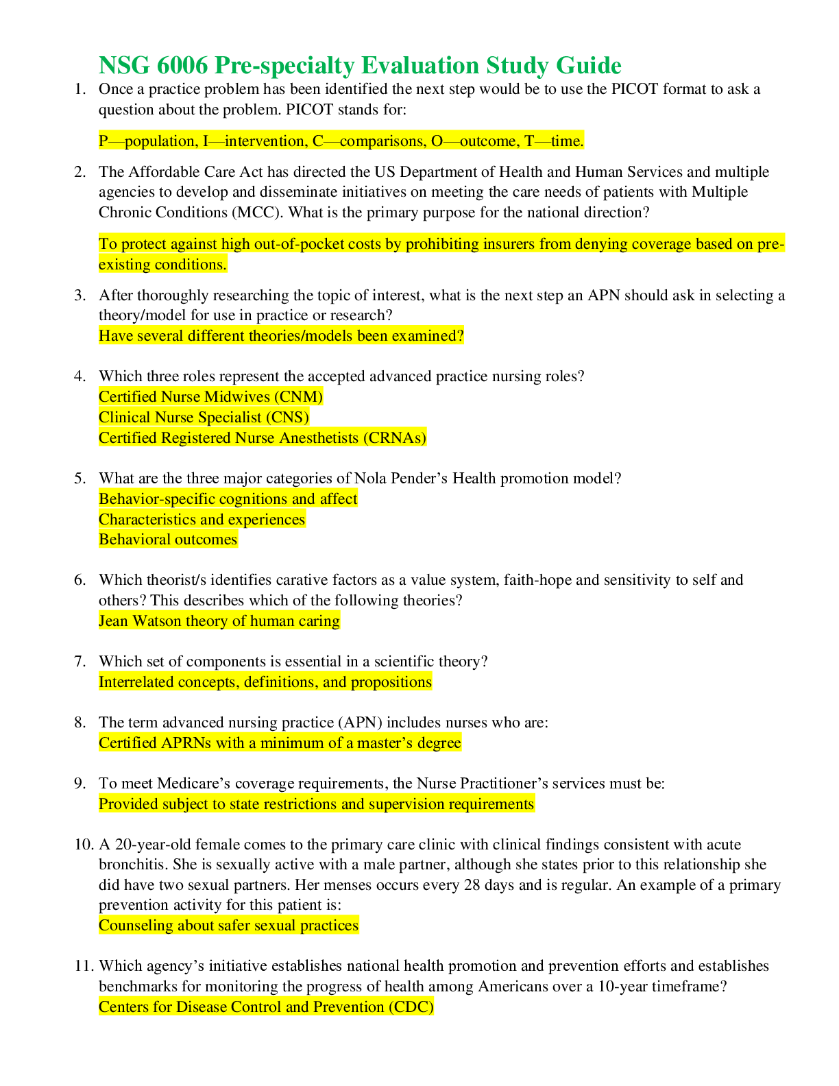NSG 6006 Pre-specialty Evaluation Study Guide Latest Updated Verified Answers, South University